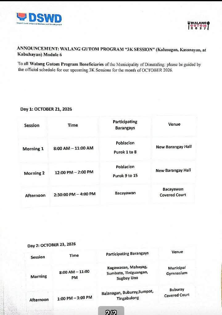 Barangay schedule attached to the October Walang Gutom 3K session advisory.